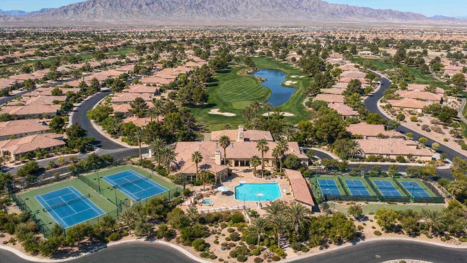 Boulder City, Nevada — historic small-town streets with desert mountains and Lake Mead beyond