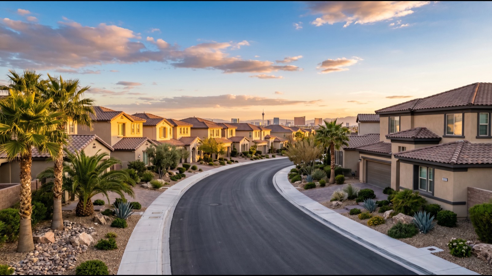 Family streetscape in the Aliante master-planned community in North Las Vegas with newer homes and desert landscaping