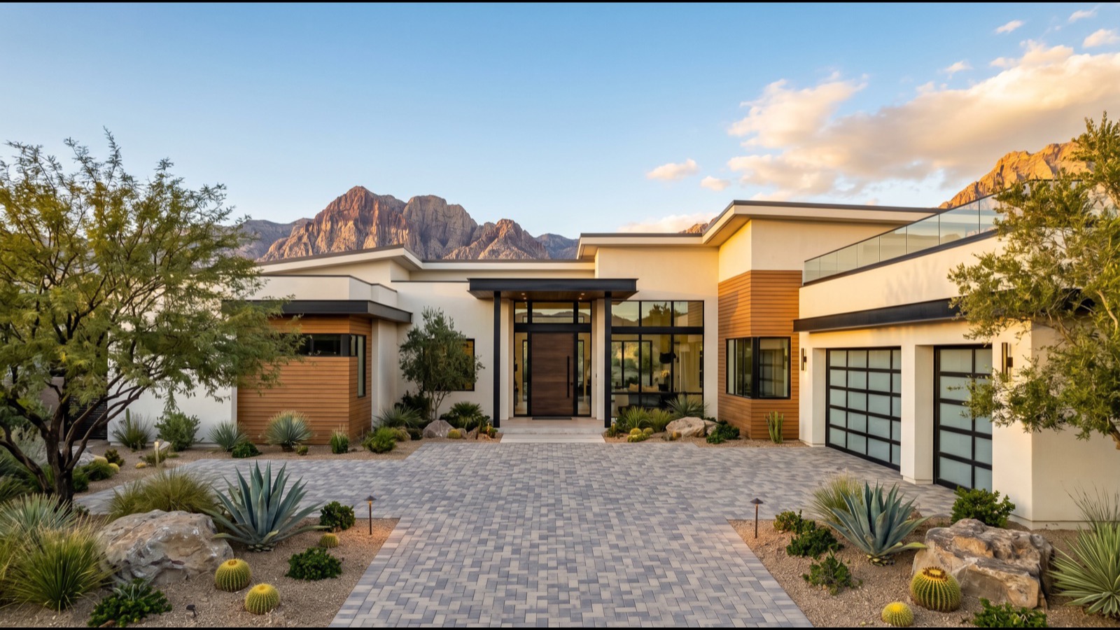 Freshly staged home exterior with clean desert landscaping